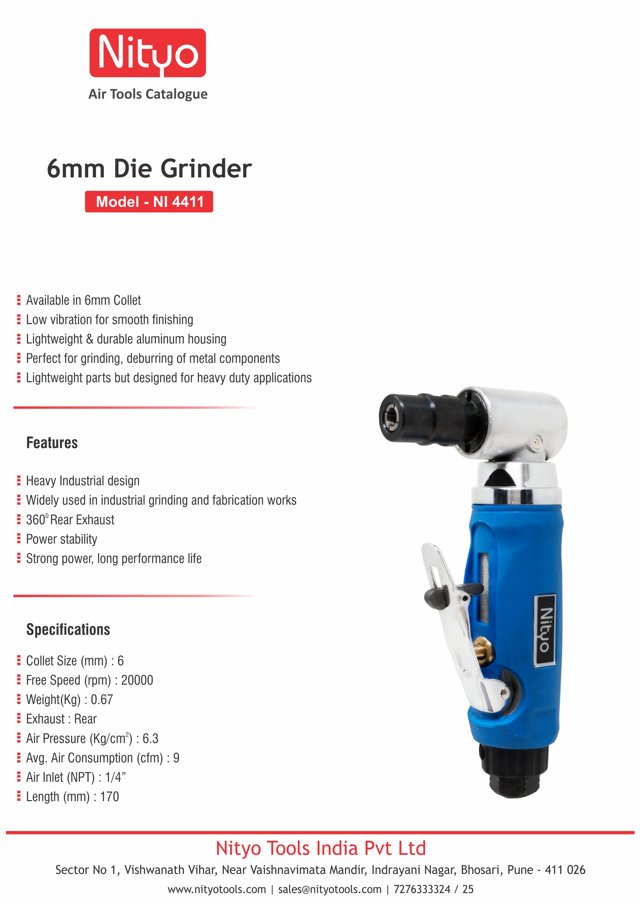 Nityo NI 4419 Pneumatic Die Grinder, Speed 21000 rpm, Collect Size 1/4 inch  